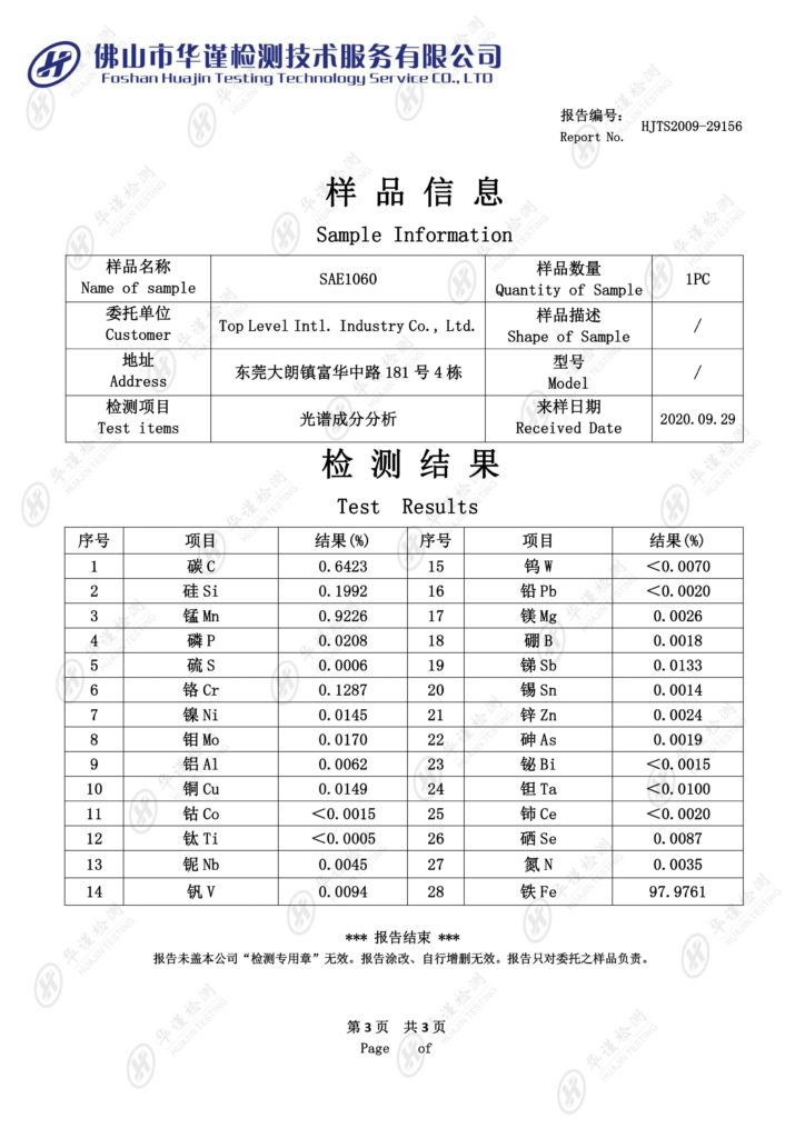 Test Report, Chemical Composition, Steel SAE1060
