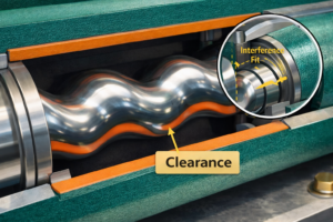 A close-up technical diagram showing the rotor-stator fit in a NETZSCH NEMO® pump, highlighting the clearance