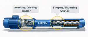 A technical illustration of a SEEPEX pump, universal joint set and seepex rotor
